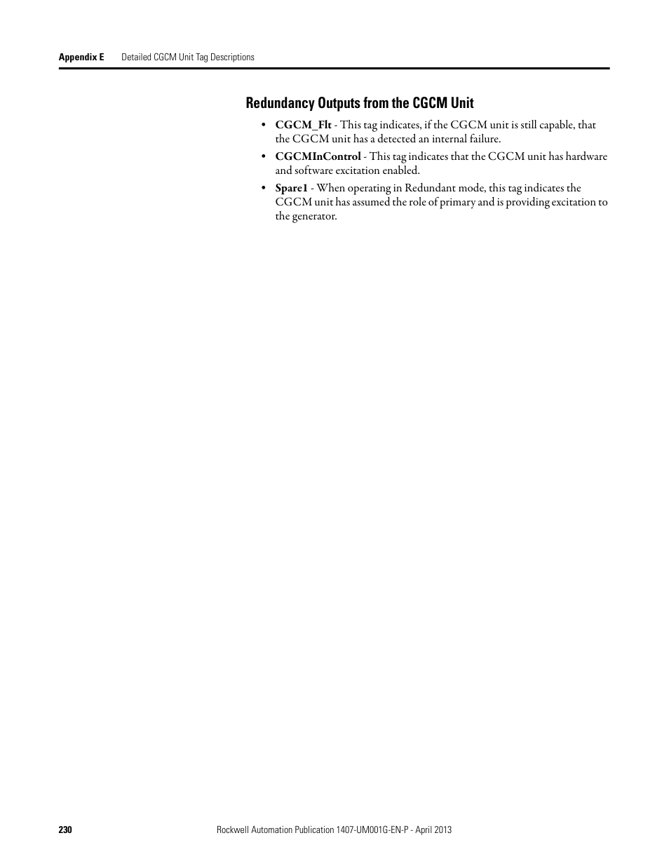 Redundancy outputs from the cgcm unit | Rockwell Automation 1407-CGCM Combination Generator Control Module User Manual | Page 230 / 246