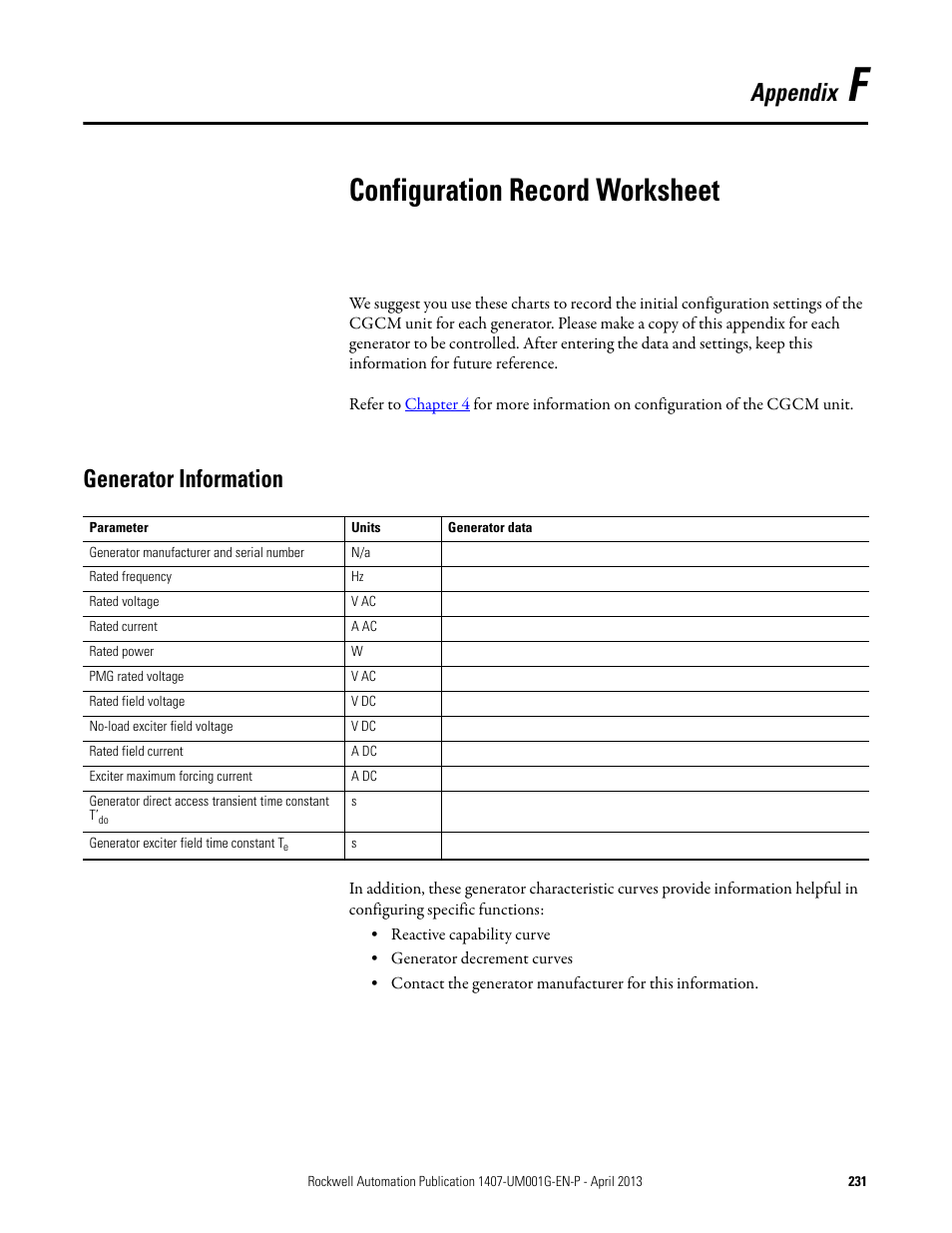 F - configuration record worksheet, Generator information, Appendix f | Configuration record worksheet, Appendix | Rockwell Automation 1407-CGCM Combination Generator Control Module User Manual | Page 231 / 246