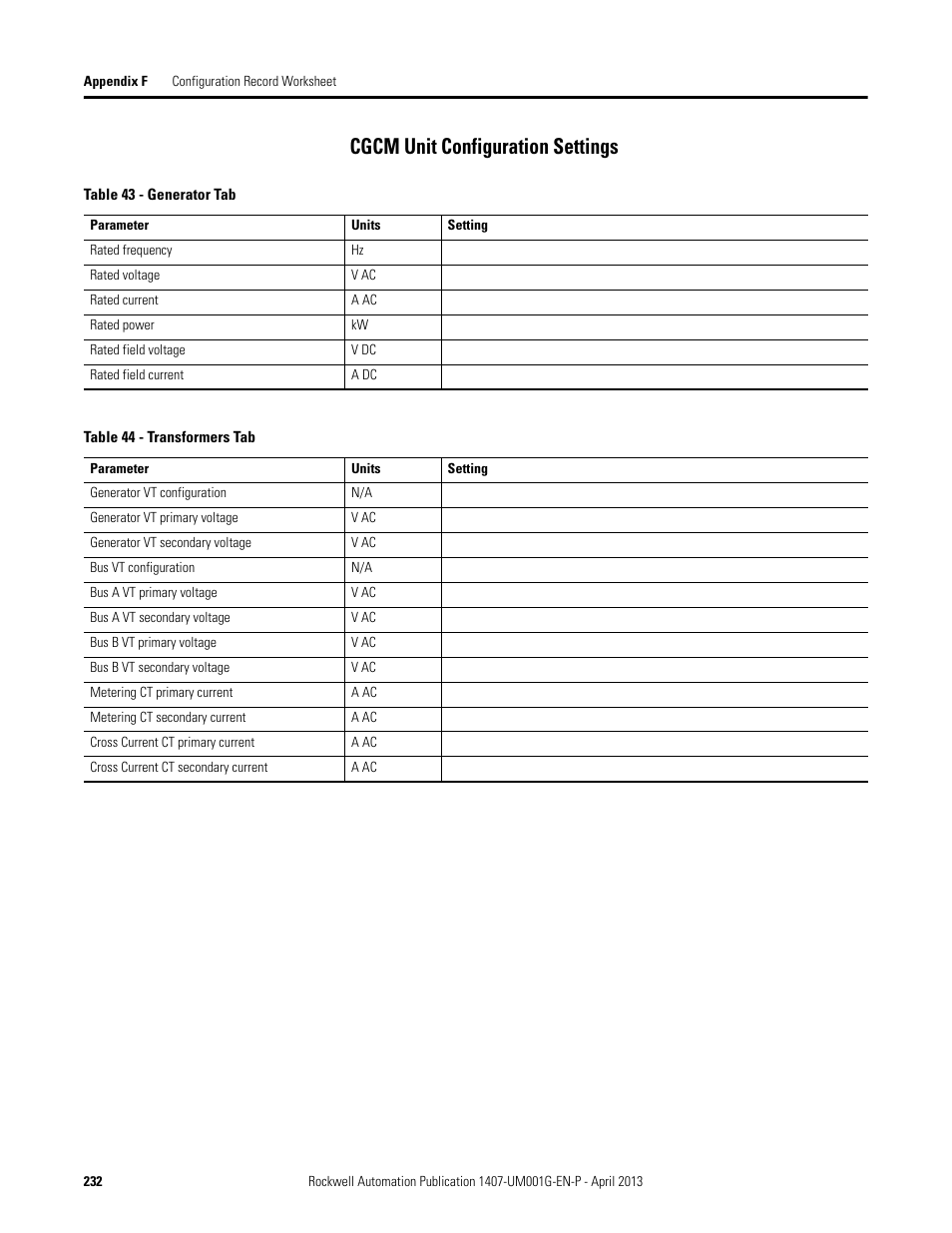 Cgcm unit configuration settings | Rockwell Automation 1407-CGCM Combination Generator Control Module User Manual | Page 232 / 246