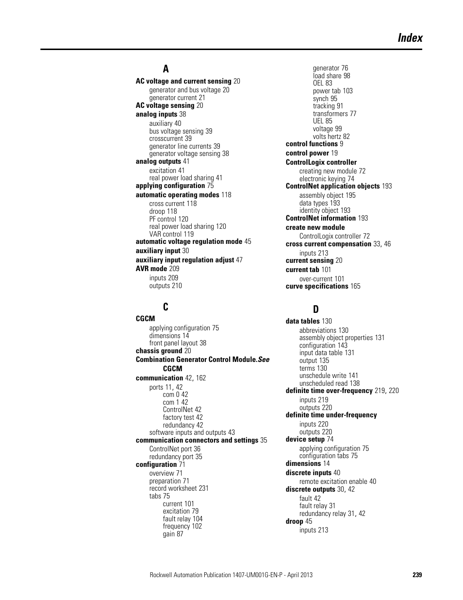 Index | Rockwell Automation 1407-CGCM Combination Generator Control Module User Manual | Page 239 / 246