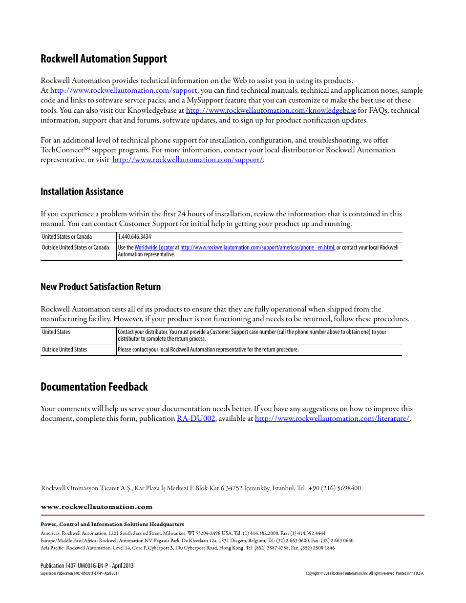 Back cover, Rockwell automation support, Documentation feedback | Installation assistance, New product satisfaction return | Rockwell Automation 1407-CGCM Combination Generator Control Module User Manual | Page 246 / 246