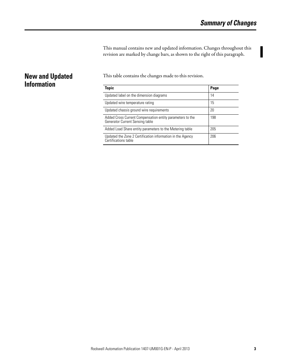 Summary of changes, New and updated information | Rockwell Automation 1407-CGCM Combination Generator Control Module User Manual | Page 3 / 246