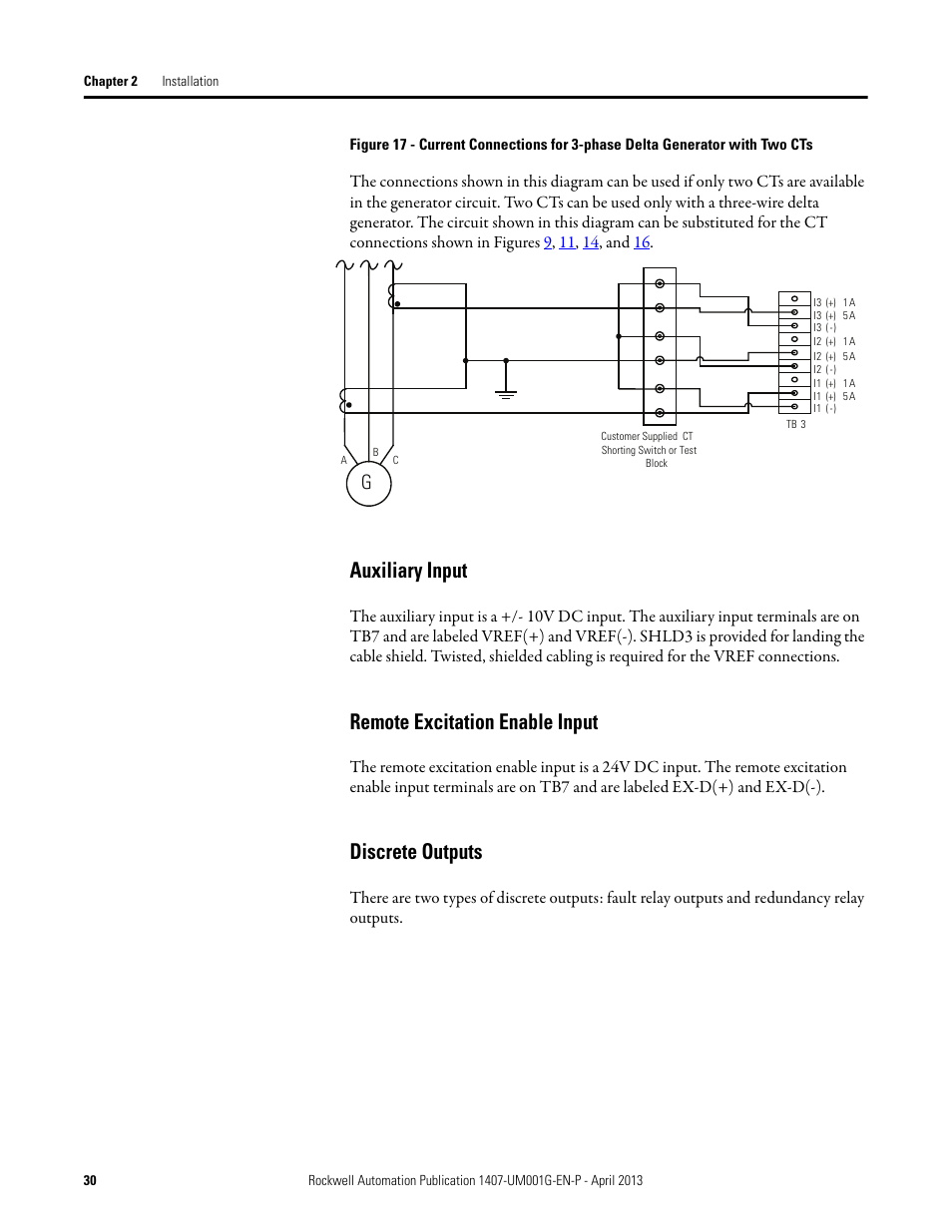 Auxiliary input, Remote excitation enable input, Discrete outputs | Rockwell Automation 1407-CGCM Combination Generator Control Module User Manual | Page 30 / 246