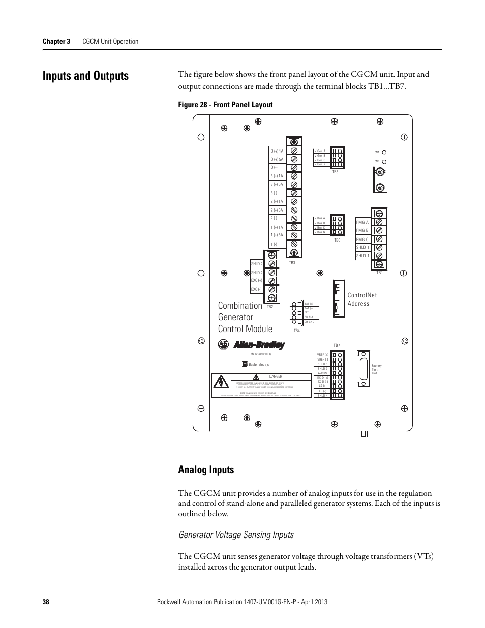 Inputs and outputs, Analog inputs, Combination generator control module | Generator voltage sensing inputs, Figure 28 - front panel layout | Rockwell Automation 1407-CGCM Combination Generator Control Module User Manual | Page 38 / 246