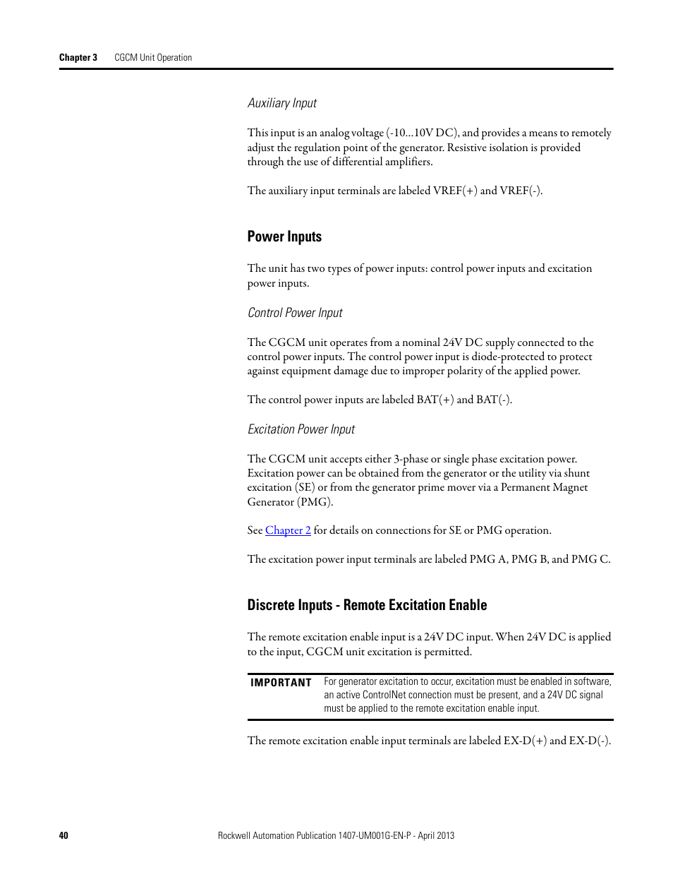 Power inputs, Discrete inputs - remote excitation enable | Rockwell Automation 1407-CGCM Combination Generator Control Module User Manual | Page 40 / 246