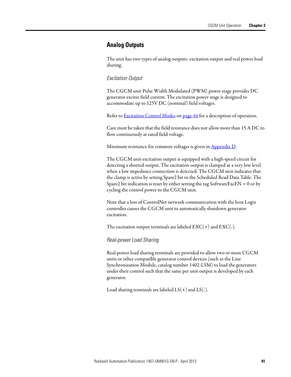 Analog outputs | Rockwell Automation 1407-CGCM Combination Generator Control Module User Manual | Page 41 / 246