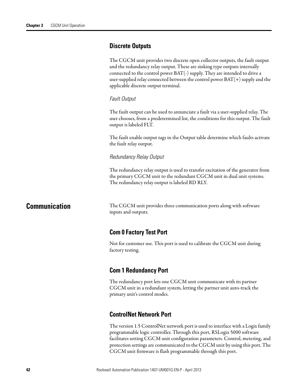 Communication | Rockwell Automation 1407-CGCM Combination Generator Control Module User Manual | Page 42 / 246