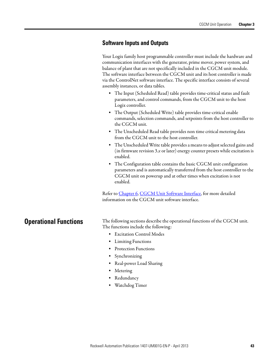 Operational functions, Software inputs and outputs | Rockwell Automation 1407-CGCM Combination Generator Control Module User Manual | Page 43 / 246