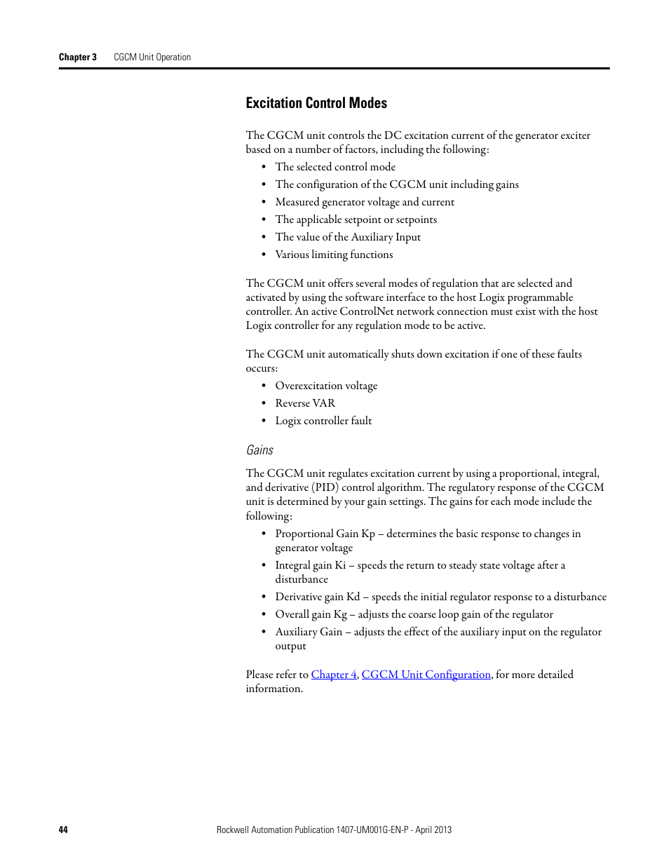 Excitation control modes | Rockwell Automation 1407-CGCM Combination Generator Control Module User Manual | Page 44 / 246