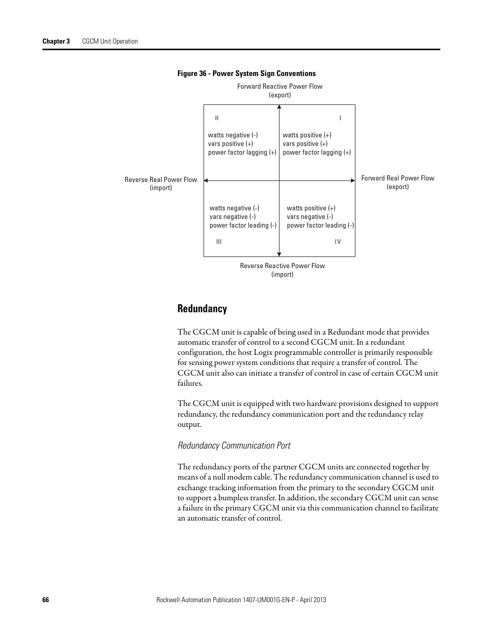 Redundancy, Power system sign conventions, Redundancy communication port | Rockwell Automation 1407-CGCM Combination Generator Control Module User Manual | Page 66 / 246