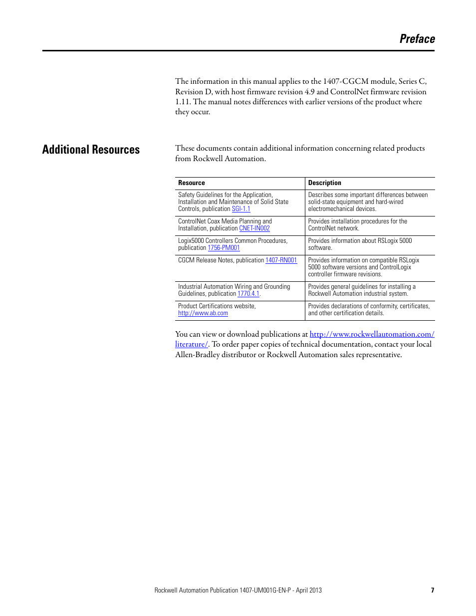Preface, Additional resources | Rockwell Automation 1407-CGCM Combination Generator Control Module User Manual | Page 7 / 246