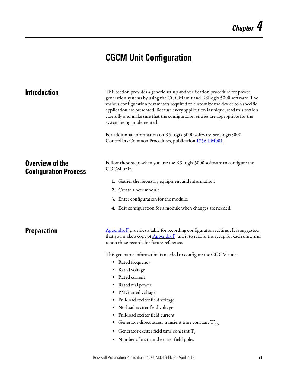 4 - cgcm unit configuration, Introduction, Overview of the configuration process | Preparation, Chapter 4, Cgcm unit configuration, Chapter | Rockwell Automation 1407-CGCM Combination Generator Control Module User Manual | Page 71 / 246
