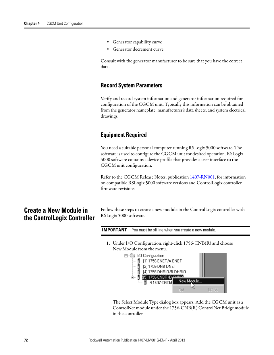 Create a new module in the controllogix controller, Record system parameters, Equipment required | Rockwell Automation 1407-CGCM Combination Generator Control Module User Manual | Page 72 / 246