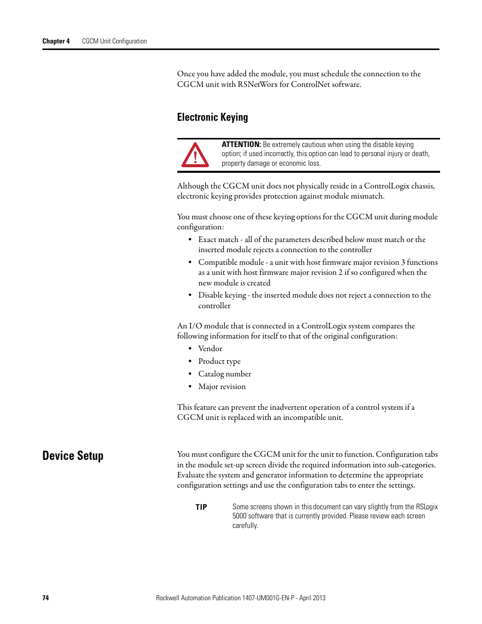 Device setup, Electronic keying | Rockwell Automation 1407-CGCM Combination Generator Control Module User Manual | Page 74 / 246