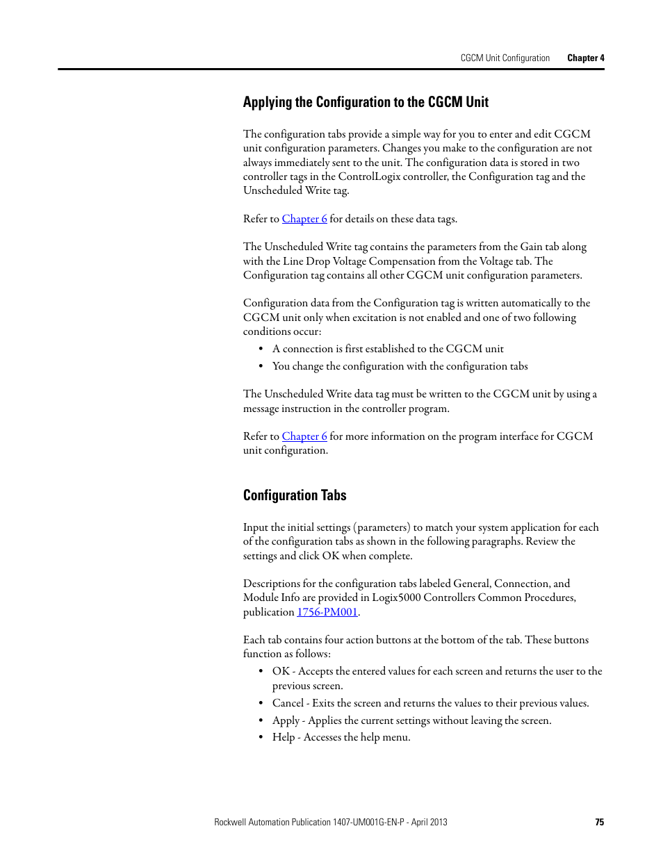 Applying the configuration to the cgcm unit, Configuration tabs | Rockwell Automation 1407-CGCM Combination Generator Control Module User Manual | Page 75 / 246