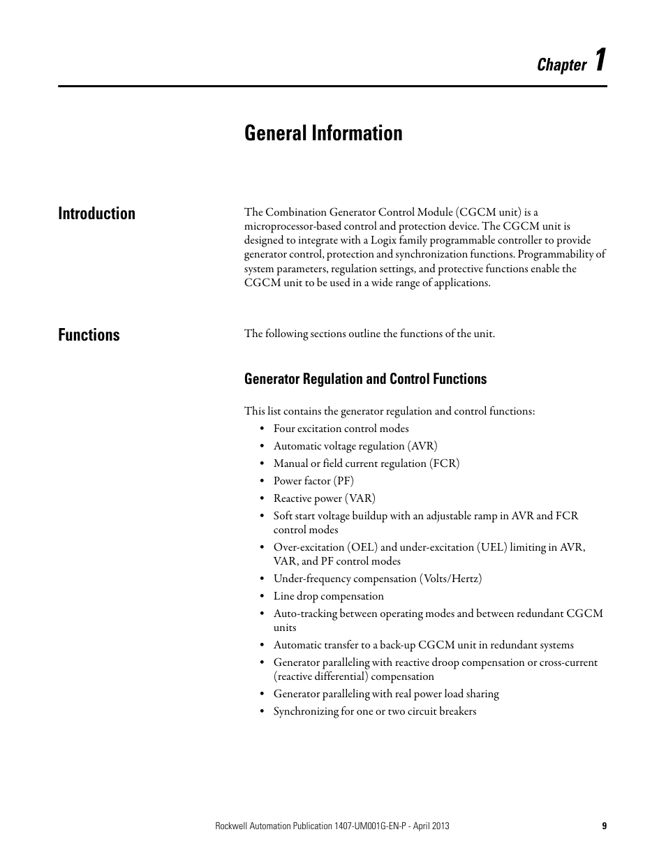 1 - general information, Introduction, Functions | Chapter 1, General information, Introduction functions, Chapter | Rockwell Automation 1407-CGCM Combination Generator Control Module User Manual | Page 9 / 246