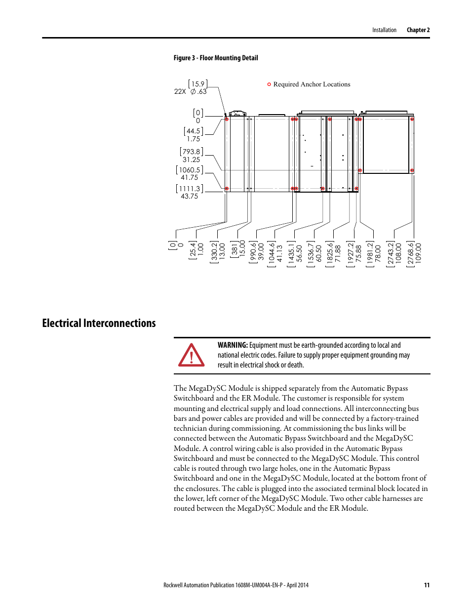 Figure 3 - floor mounting detail, Electrical interconnections, Figure 3 | Rockwell Automation 1608M MegaDySC User Manual, 208 Volt, One Second Extended Runt User Manual | Page 11 / 52