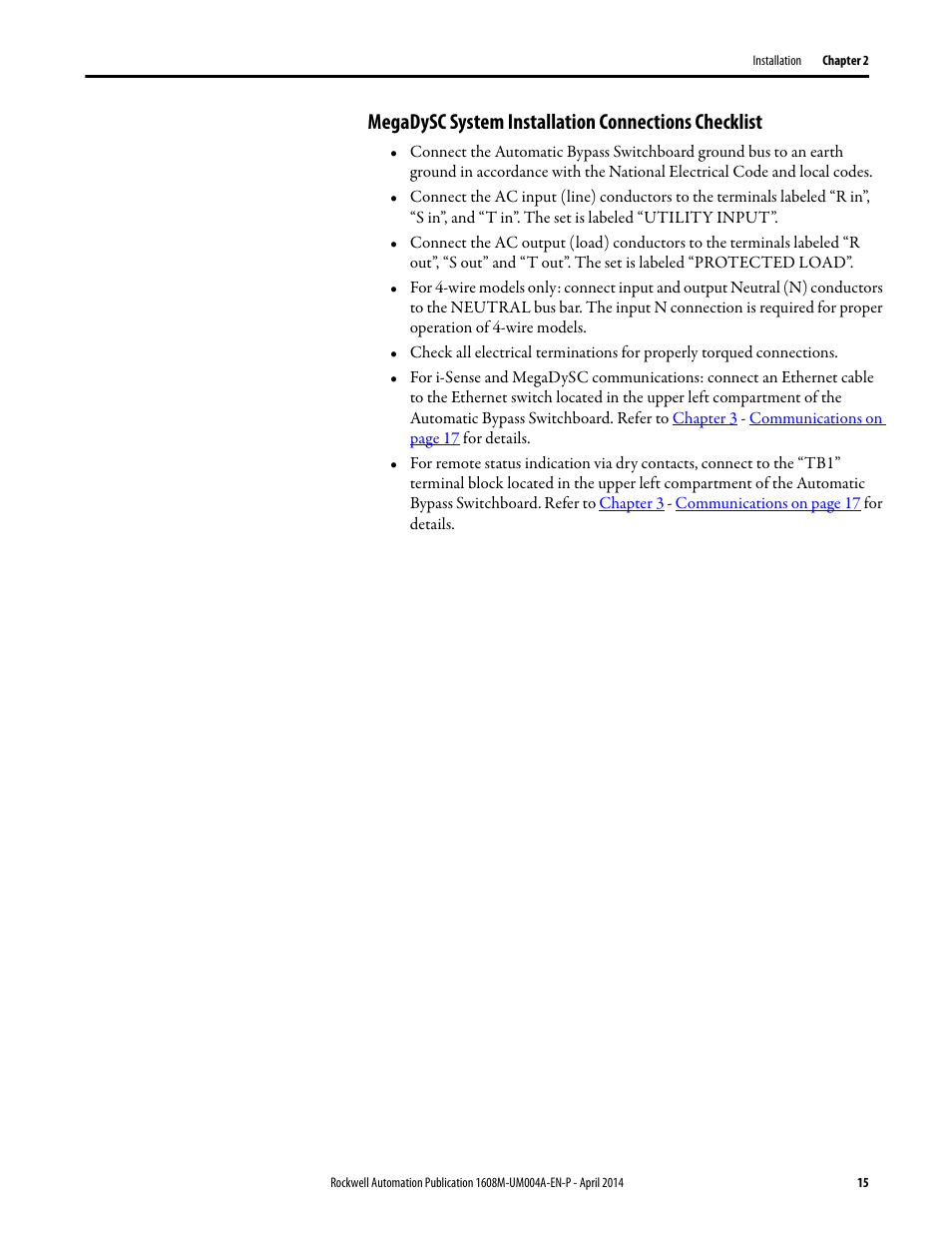 Megadysc system installation connections checklist | Rockwell Automation 1608M MegaDySC User Manual, 208 Volt, One Second Extended Runt User Manual | Page 15 / 52
