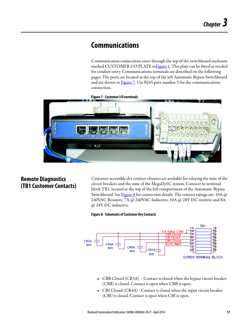 Communications, Figure 7 - customer i/o terminals, Remote diagnostics (tb1 customer contacts) | Figure 8 - schematic of customer dry contacts, Ch 3 - communications, Chapter 3, Communications on, For de, Chapter | Rockwell Automation 1608M MegaDySC User Manual, 208 Volt, One Second Extended Runt User Manual | Page 17 / 52