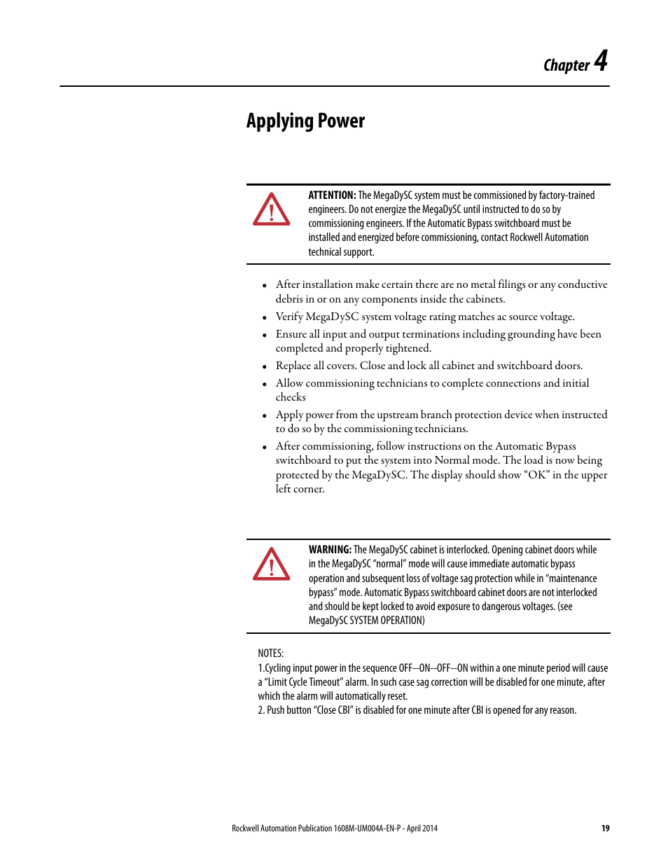 Applying power, Ch 4 - applying power, Chapter | Rockwell Automation 1608M MegaDySC User Manual, 208 Volt, One Second Extended Runt User Manual | Page 19 / 52