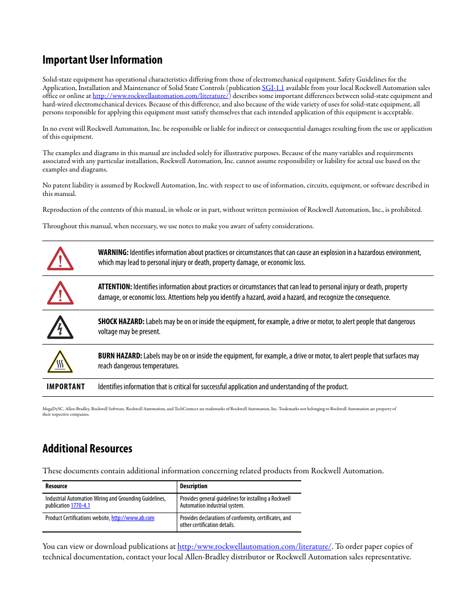 Important user information, Additional resources | Rockwell Automation 1608M MegaDySC User Manual, 208 Volt, One Second Extended Runt User Manual | Page 2 / 52