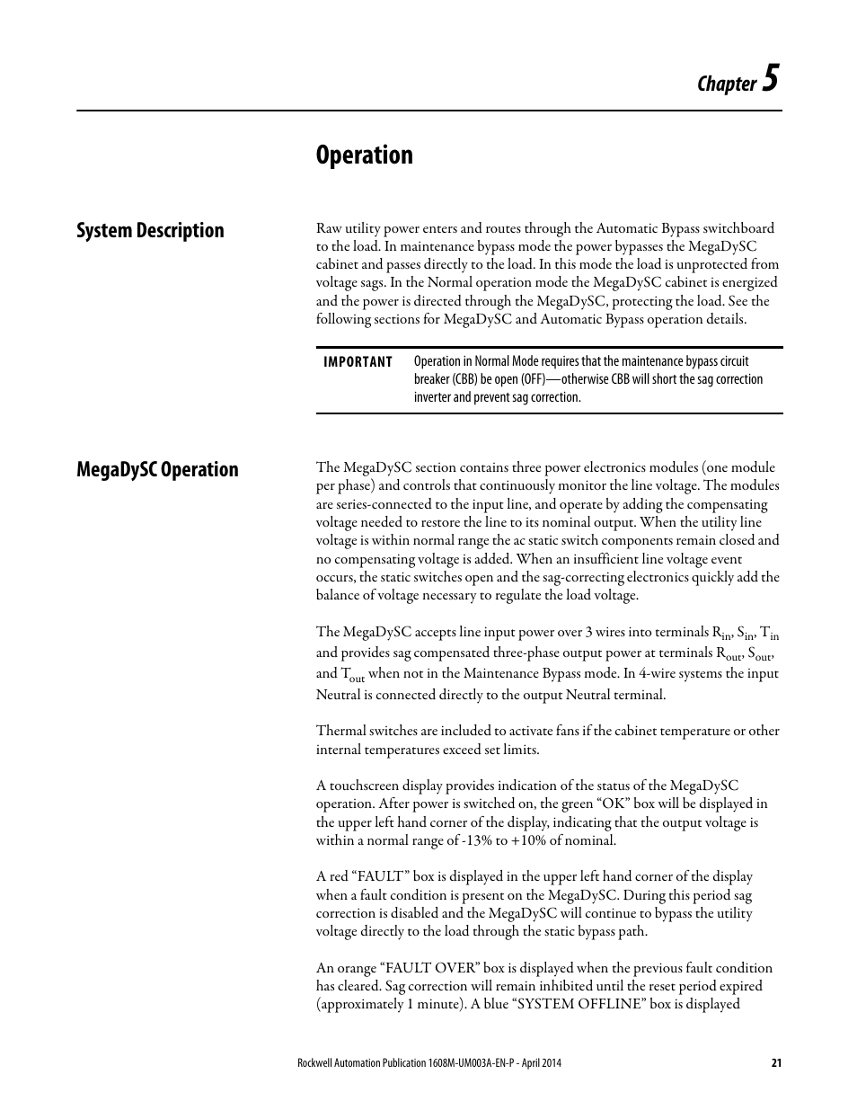 Operation, System description, Megadysc operation | Ch 5 - operation, System description megadysc operation, Chapter | Rockwell Automation 1608M MegaDySC User Manual, 208 Volt, One Second Extended Runt User Manual | Page 21 / 52