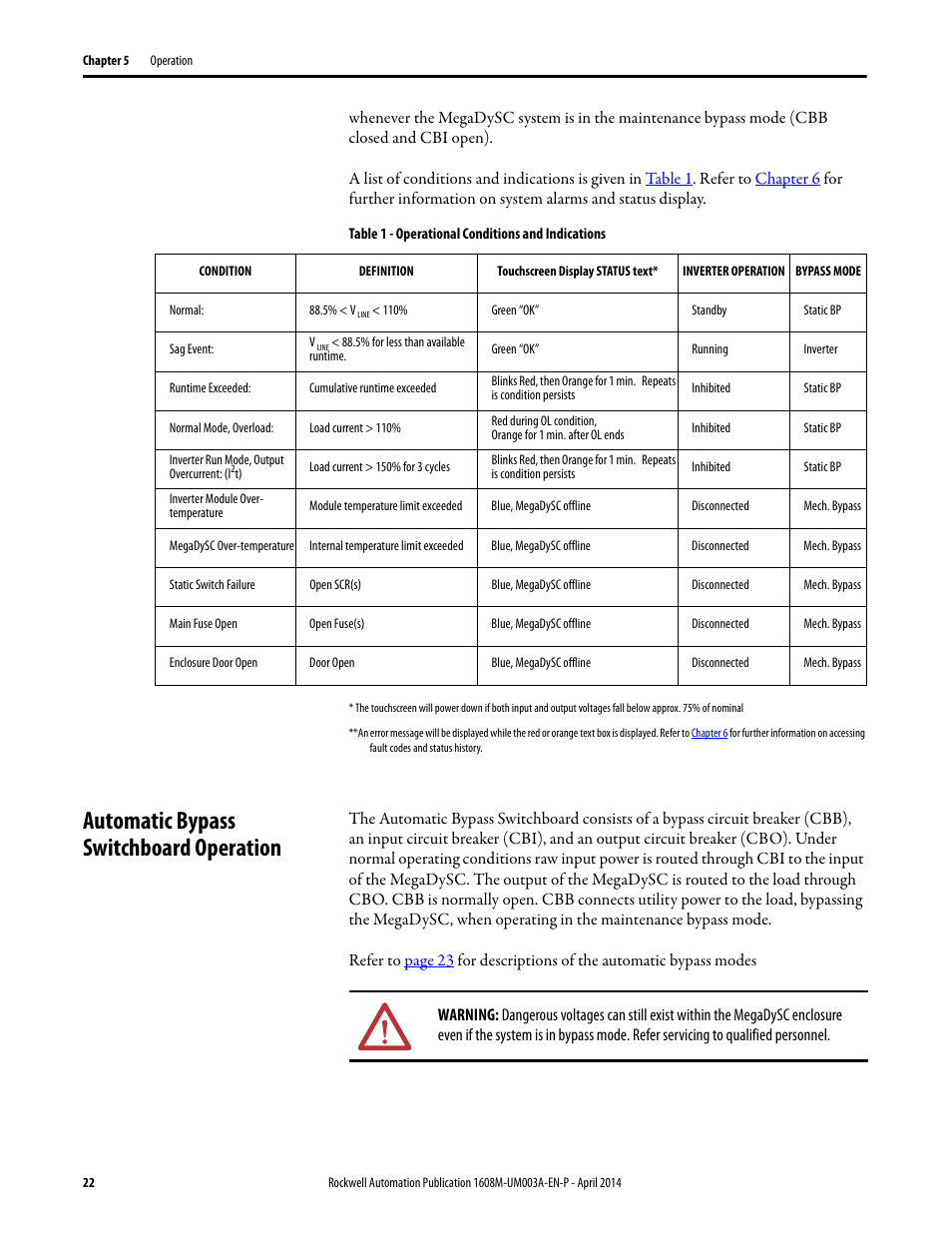 Table 1 - operational conditions and indications, Automatic bypass switchboard operation | Rockwell Automation 1608M MegaDySC User Manual, 208 Volt, One Second Extended Runt User Manual | Page 22 / 52