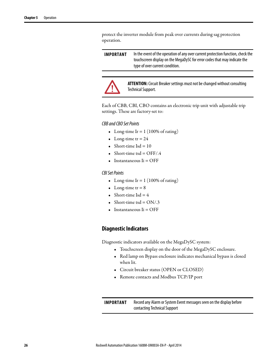Cbb and cbo set points, Cbi set points, Diagnostic indicators | Rockwell Automation 1608M MegaDySC User Manual, 208 Volt, One Second Extended Runt User Manual | Page 26 / 52