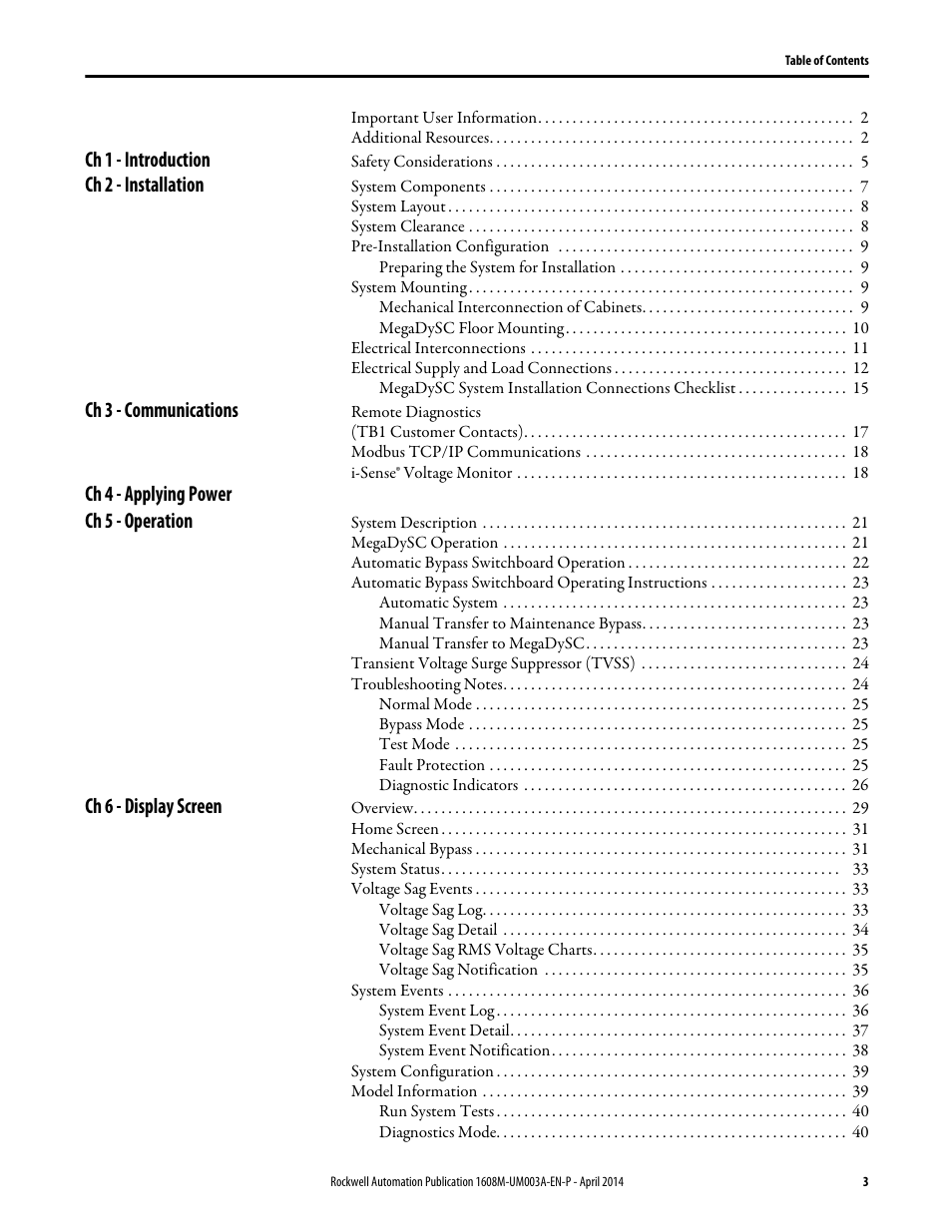 Ch 1 - introduction, Ch 2 - installation, Ch 3 - communications | Ch 4 - applying power, Ch 5 - operation, Ch 6 - display screen, Ch 4 - applying power ch 5 - operation | Rockwell Automation 1608M MegaDySC User Manual, 208 Volt, One Second Extended Runt User Manual | Page 3 / 52