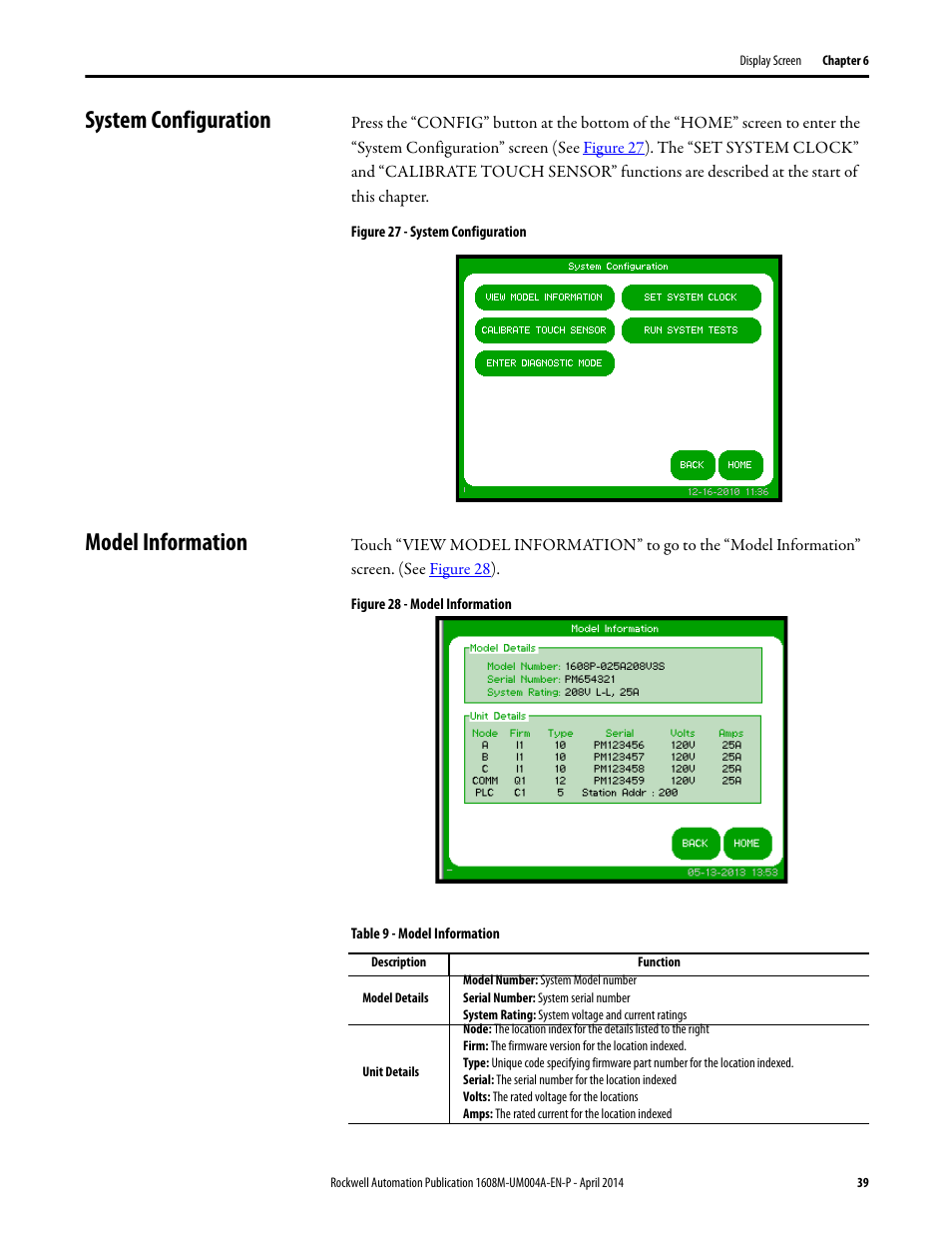 System configuration, Figure 27 - system configuration, Model information | Figure 28 - model information, Table 9 - model information, System configuration model information | Rockwell Automation 1608M MegaDySC User Manual, 208 Volt, One Second Extended Runt User Manual | Page 39 / 52