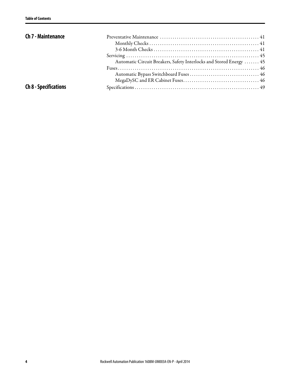 Ch 7 - maintenance, Ch 8 - specifications | Rockwell Automation 1608M MegaDySC User Manual, 208 Volt, One Second Extended Runt User Manual | Page 4 / 52