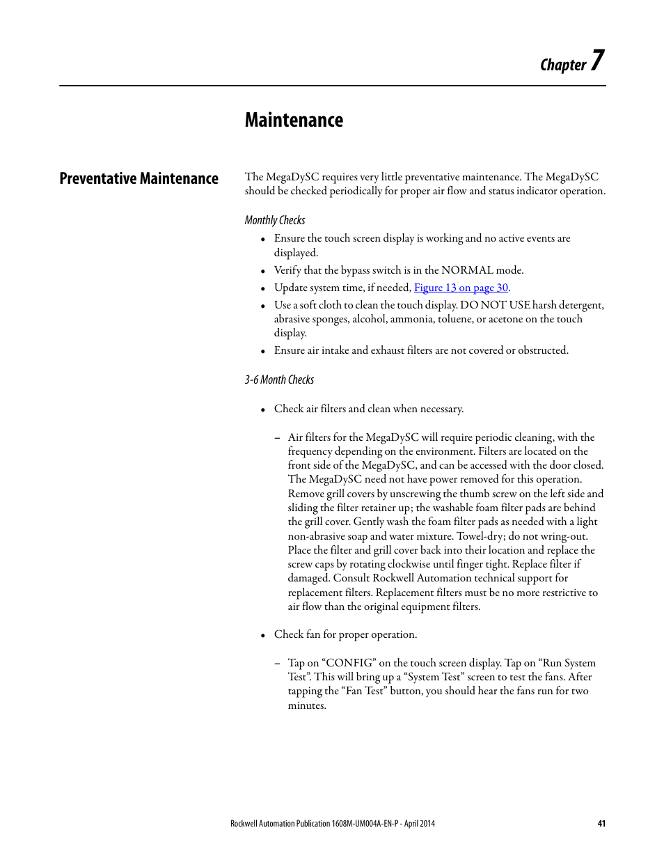 Maintenance, Preventative maintenance, Monthly checks | 6 month checks, Ch 7 - maintenance, Monthly checks 3-6 month checks, Chapter | Rockwell Automation 1608M MegaDySC User Manual, 208 Volt, One Second Extended Runt User Manual | Page 41 / 52