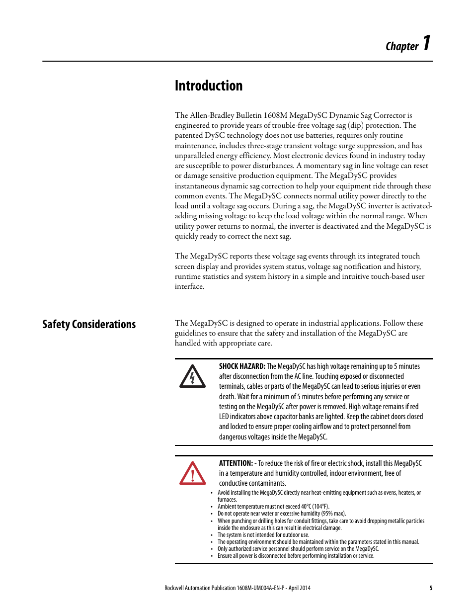 Introduction, Safety considerations, Ch 1 - introduction | Chapter | Rockwell Automation 1608M MegaDySC User Manual, 208 Volt, One Second Extended Runt User Manual | Page 5 / 52