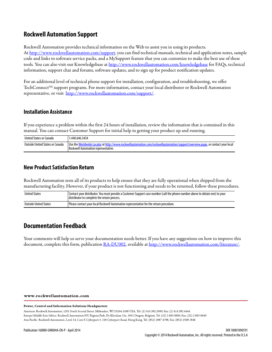 Rockwell automation support, Documentation feedback, Installation assistance | New product satisfaction return | Rockwell Automation 1608M MegaDySC User Manual, 208 Volt, One Second Extended Runt User Manual | Page 52 / 52