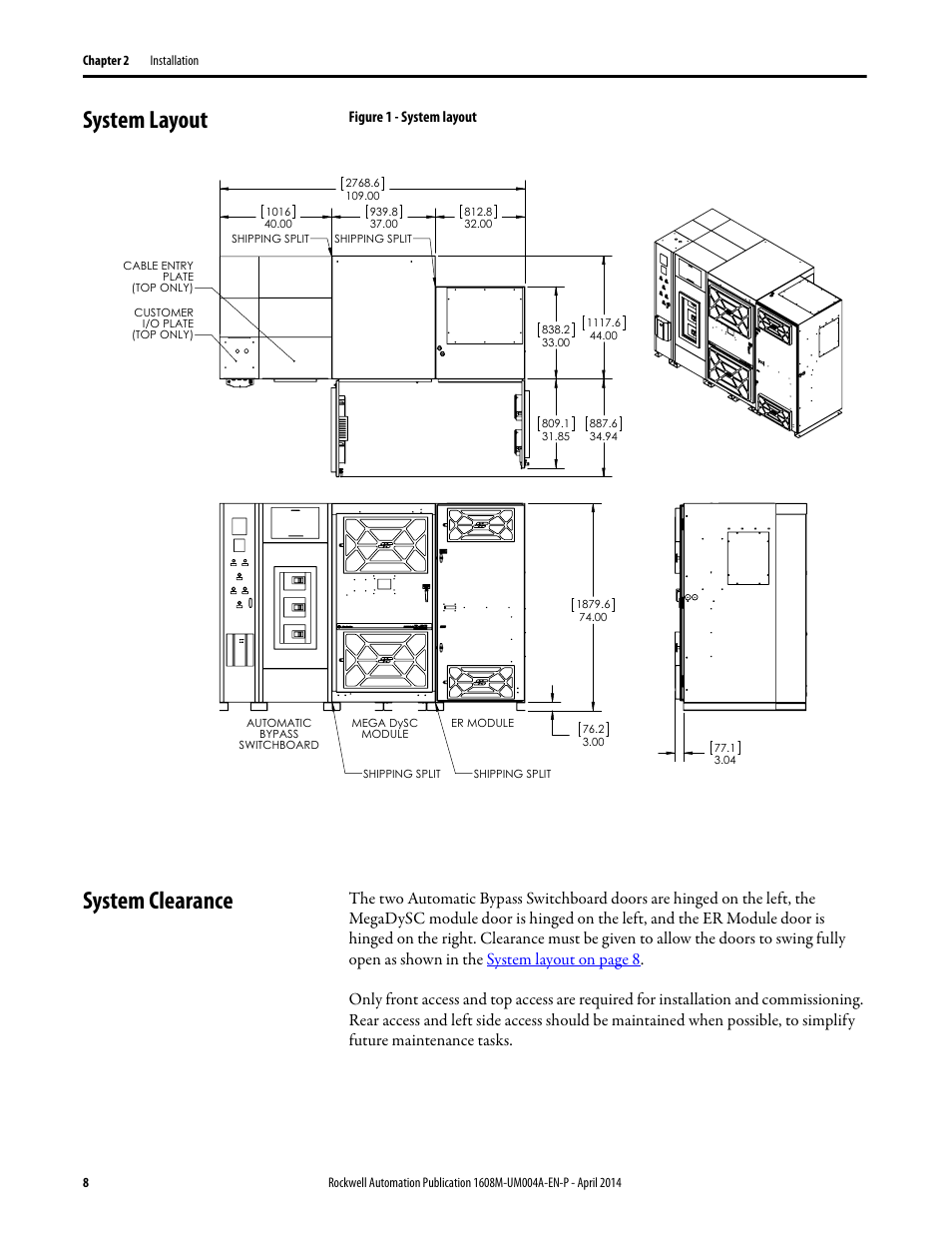 System layout, Figure 1 - system layout, System clearance | System layout system clearance | Rockwell Automation 1608M MegaDySC User Manual, 208 Volt, One Second Extended Runt User Manual | Page 8 / 52
