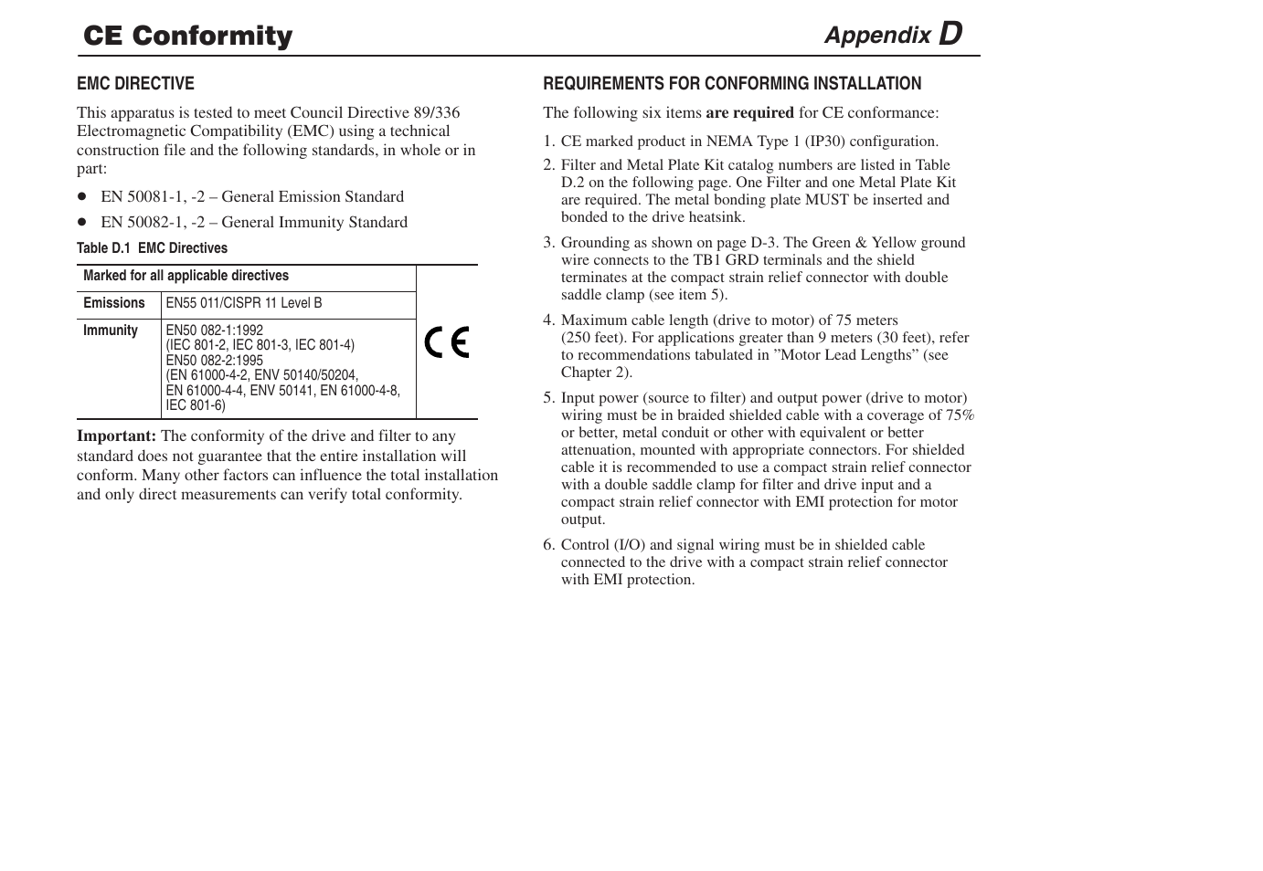 D - ce conformity, Ce conformity, Appendix | Rockwell Automation 1305 AC Drive, Series C, Firmware 6.xx and Up User Manual | Page 161 / 170