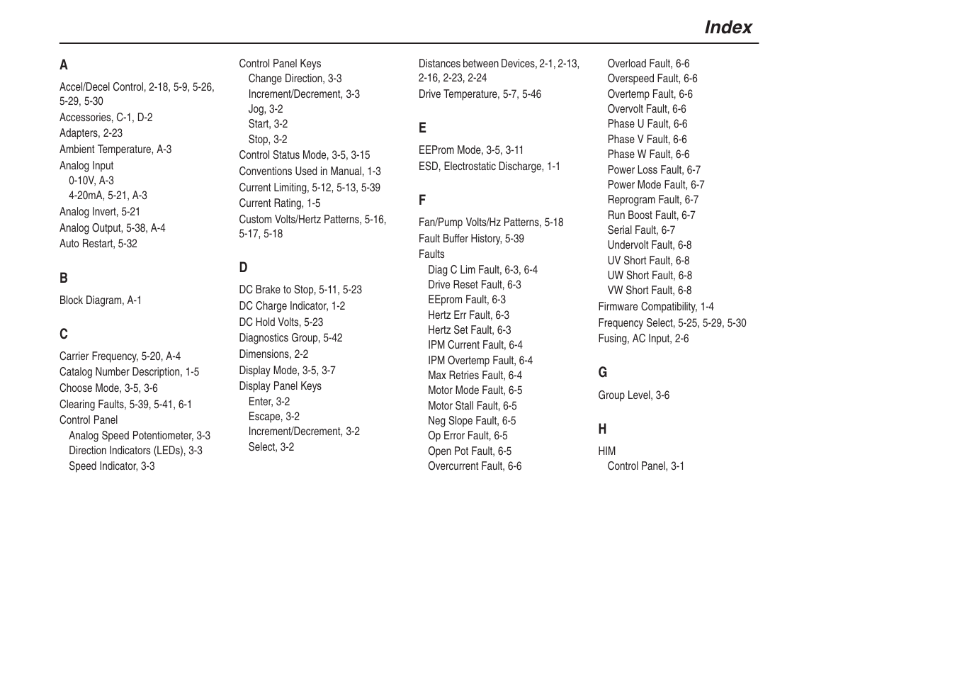 Index | Rockwell Automation 1305 AC Drive, Series C, Firmware 6.xx and Up User Manual | Page 165 / 170