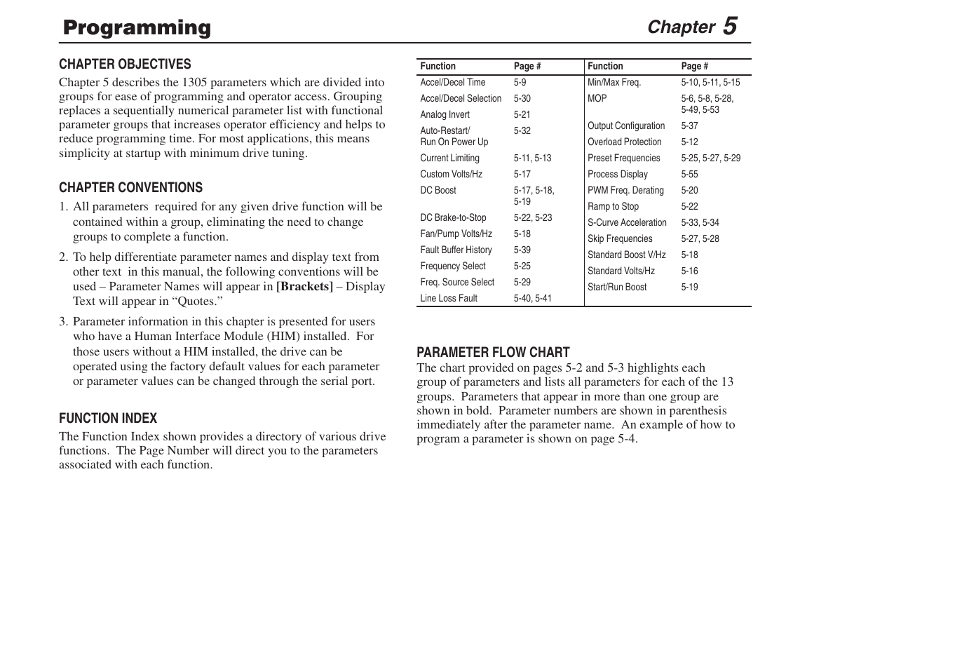 5 - programming, Programming, Chapter | Rockwell Automation 1305 AC Drive, Series C, Firmware 6.xx and Up User Manual | Page 69 / 170