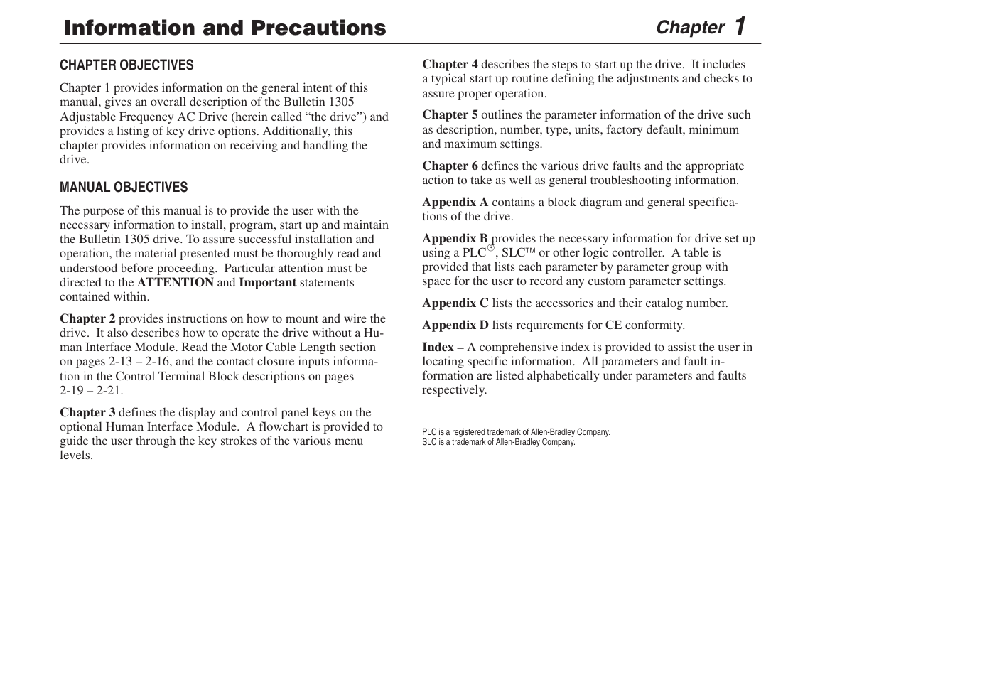 1 - information and precautions, Information and precautions, Chapter | Rockwell Automation 1305 AC Drive, Series C, Firmware 6.xx and Up User Manual | Page 9 / 170