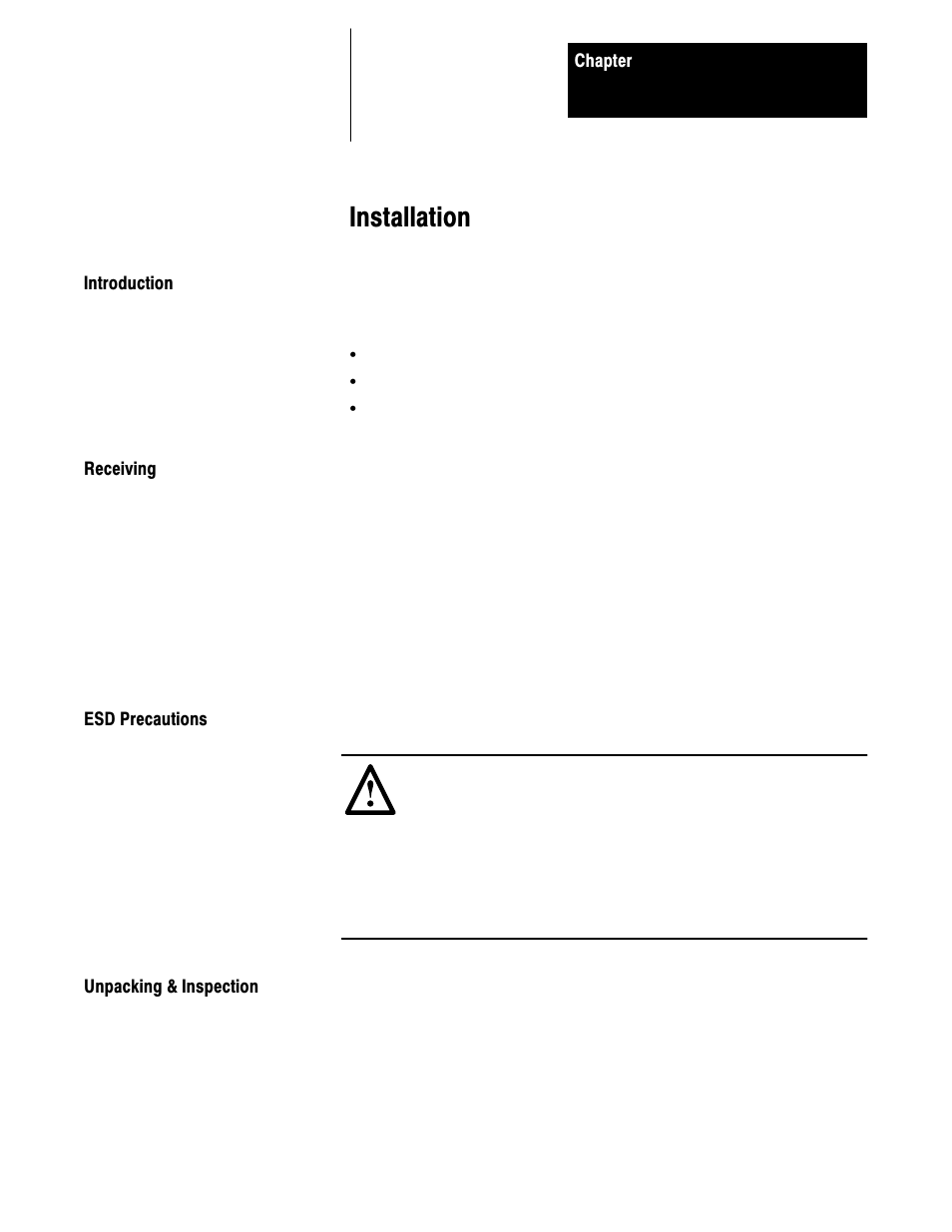 4 - installation, Introduction, Receiving | Esd precautions, Unpacking & inspection, Installation | Rockwell Automation 1395 Discrete Adapter, Rev 3.XX-8.XX User Manual | Page 14 / 53