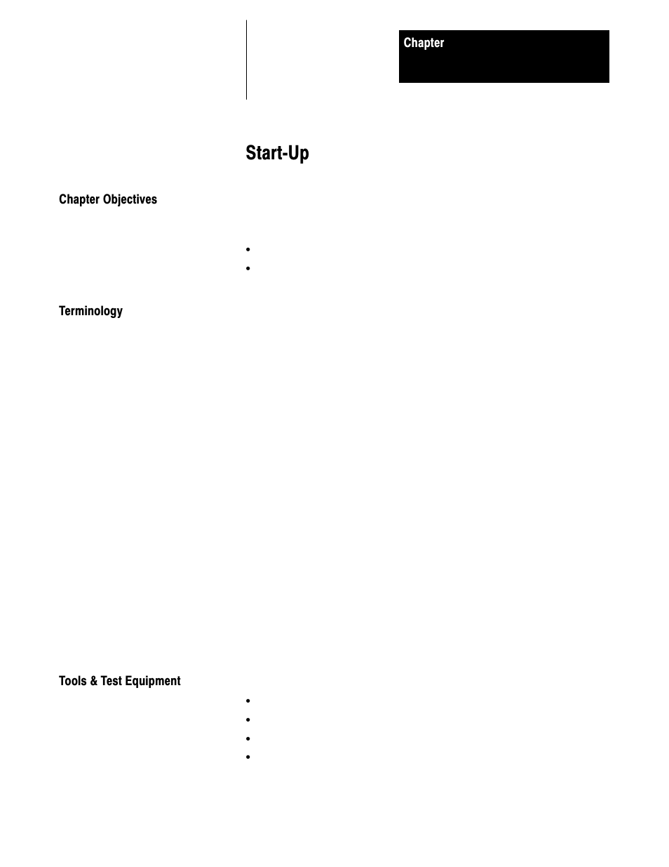 5 - start up, Chapter objectives, Terminology | Tools & test equipment, Startćup | Rockwell Automation 1395 Discrete Adapter, Rev 3.XX-8.XX User Manual | Page 24 / 53