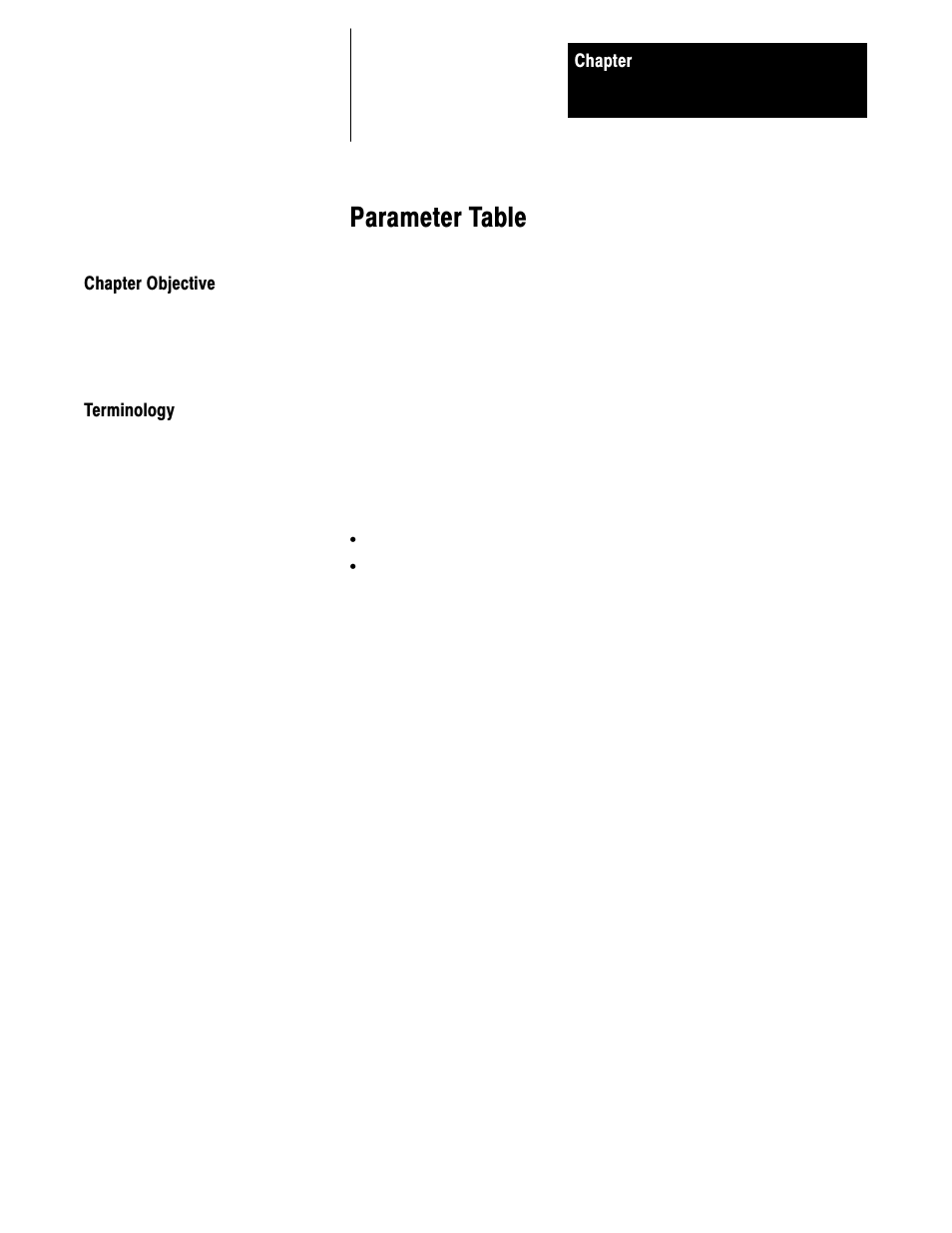 8 - parameter table, Chapter objective, Terminology | Parameter table | Rockwell Automation 1395 Discrete Adapter, Rev 3.XX-8.XX User Manual | Page 36 / 53