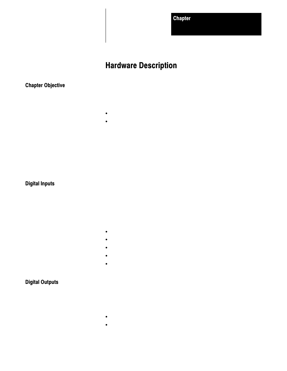 2 - hardware description, Chapter objective, Digital inputs | Digital outputs, Hardware description | Rockwell Automation 1395 Discrete Adapter, Rev 3.XX-8.XX User Manual | Page 7 / 53