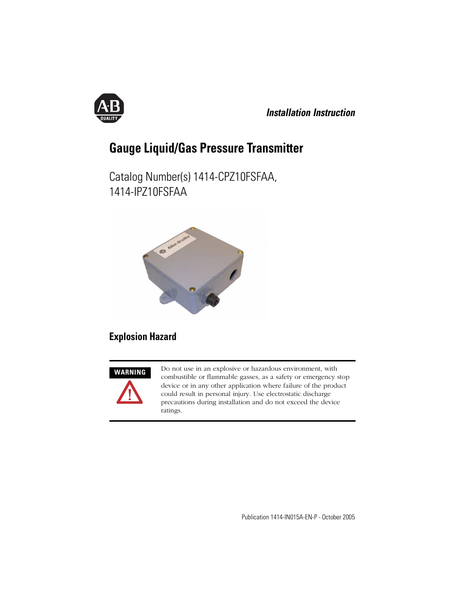 Rockwell Automation 1414-CPZxxxxx_IPZxxxxx Gauge Liquid/Gas Pressure Transmitter User Manual | 8 pages