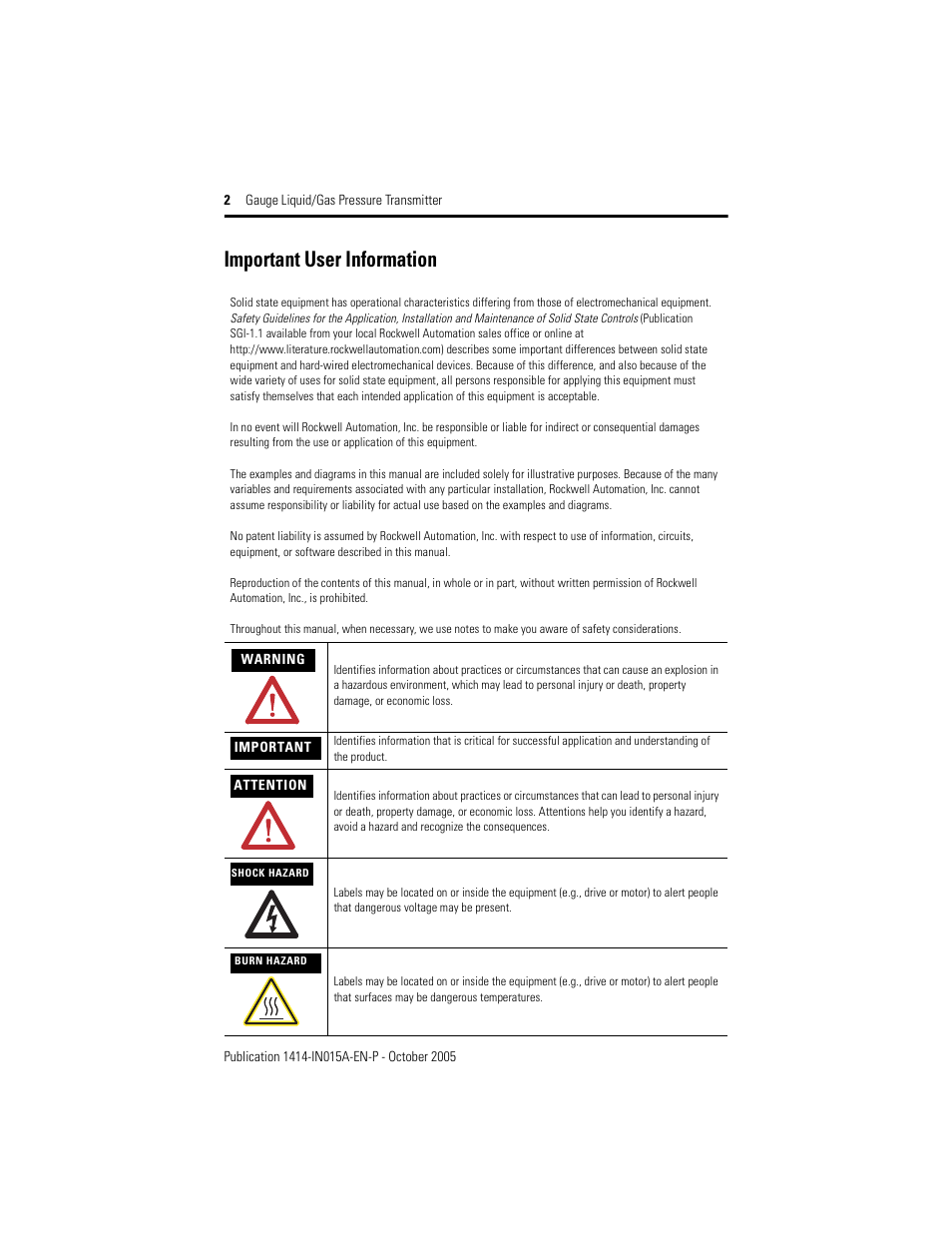 Important user information | Rockwell Automation 1414-CPZxxxxx_IPZxxxxx Gauge Liquid/Gas Pressure Transmitter User Manual | Page 2 / 8