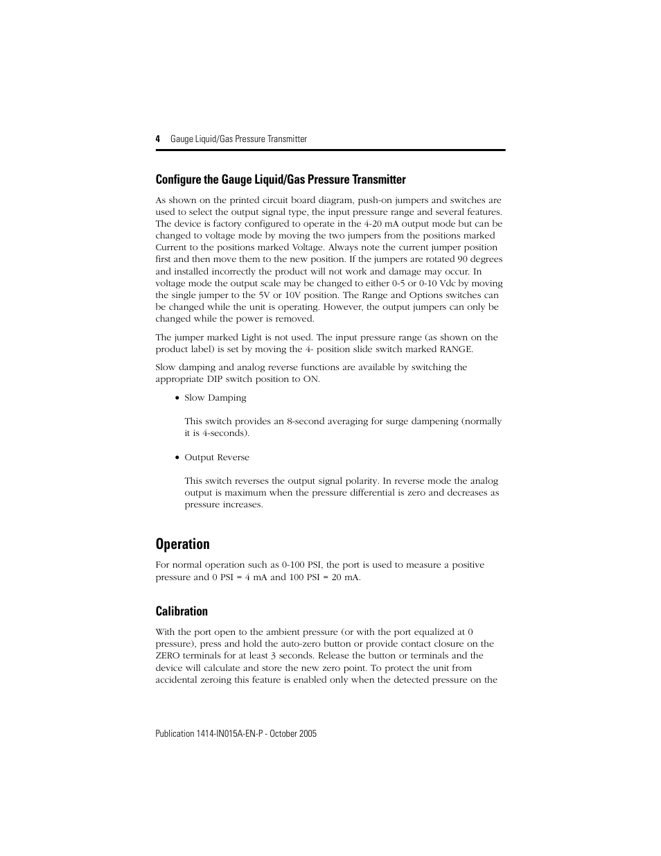 Operation, Calibration | Rockwell Automation 1414-CPZxxxxx_IPZxxxxx Gauge Liquid/Gas Pressure Transmitter User Manual | Page 4 / 8