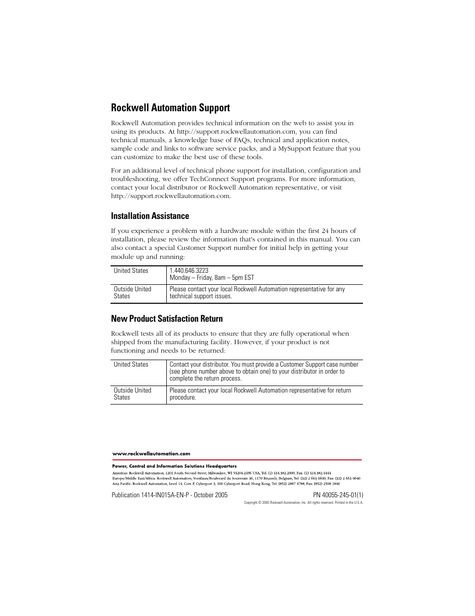 Back cover, Rockwell automation support, Installation assistance | New product satisfaction return | Rockwell Automation 1414-CPZxxxxx_IPZxxxxx Gauge Liquid/Gas Pressure Transmitter User Manual | Page 8 / 8