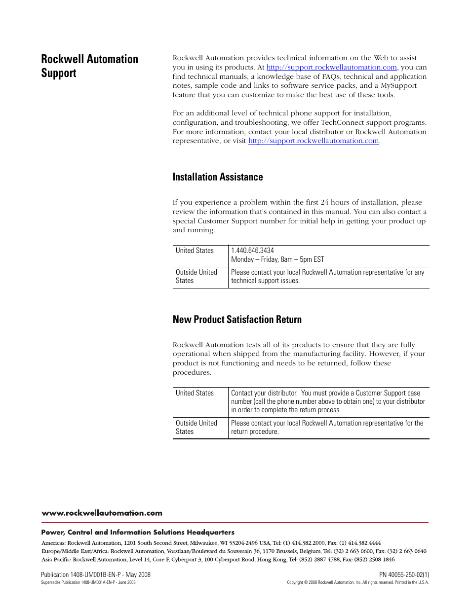 Back cover, Rockwell automation support, Installation assistance | New product satisfaction return | Rockwell Automation 1408-EMxx PowerMonitor 1000 Unit User Manual | Page 100 / 100