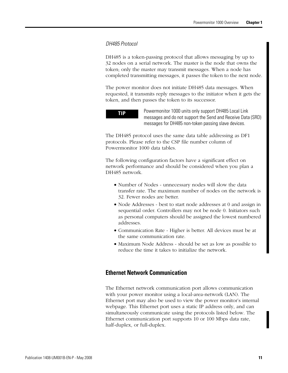 Ethernet network communication | Rockwell Automation 1408-EMxx PowerMonitor 1000 Unit User Manual | Page 11 / 100