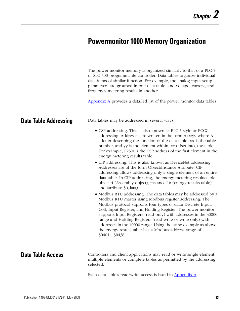 2 - powermonitor 1000 memory organization, Data table addressing, Data table access | Chapter 2, Powermonitor 1000 memory organization, Data table addressing data table access, Chapter | Rockwell Automation 1408-EMxx PowerMonitor 1000 Unit User Manual | Page 13 / 100
